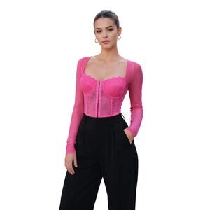 Hot Pink Lace Corset Top Long Sleeve Mesh Y2K Club XS/S